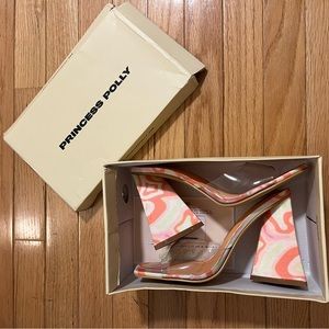Princess Polly Multicolored Swirl Triangle Heels with Clear Strap Size 7